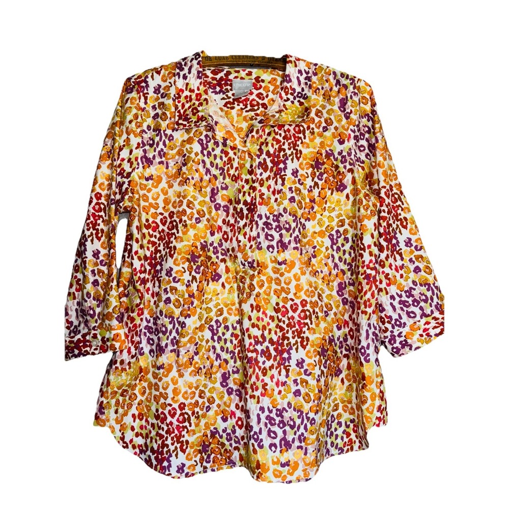 Chico's 1 Blouse Sz 8 No Iron Chic Stretch 3/4 Sleeve Resortwear Cruise Travel